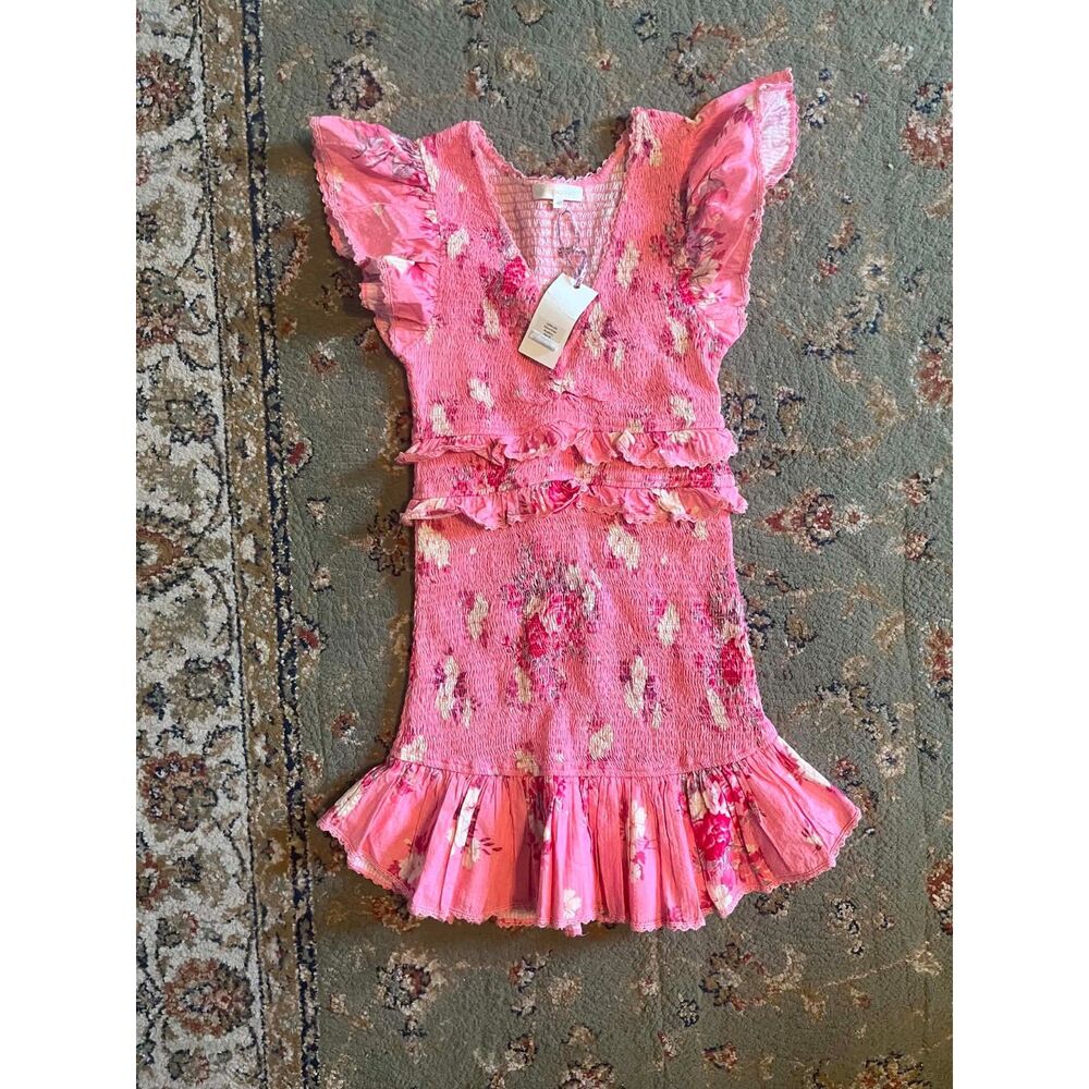LoveShackFancy Sonora Raspberry Floral Rouched Mini Dress, size M, NWT - Picture 2 of 5